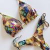 Handmade Knotted String Bikini Set with Mixed Abstract Print Triangle Top and Adjustable Side Tie Bottom for Women Swimwear