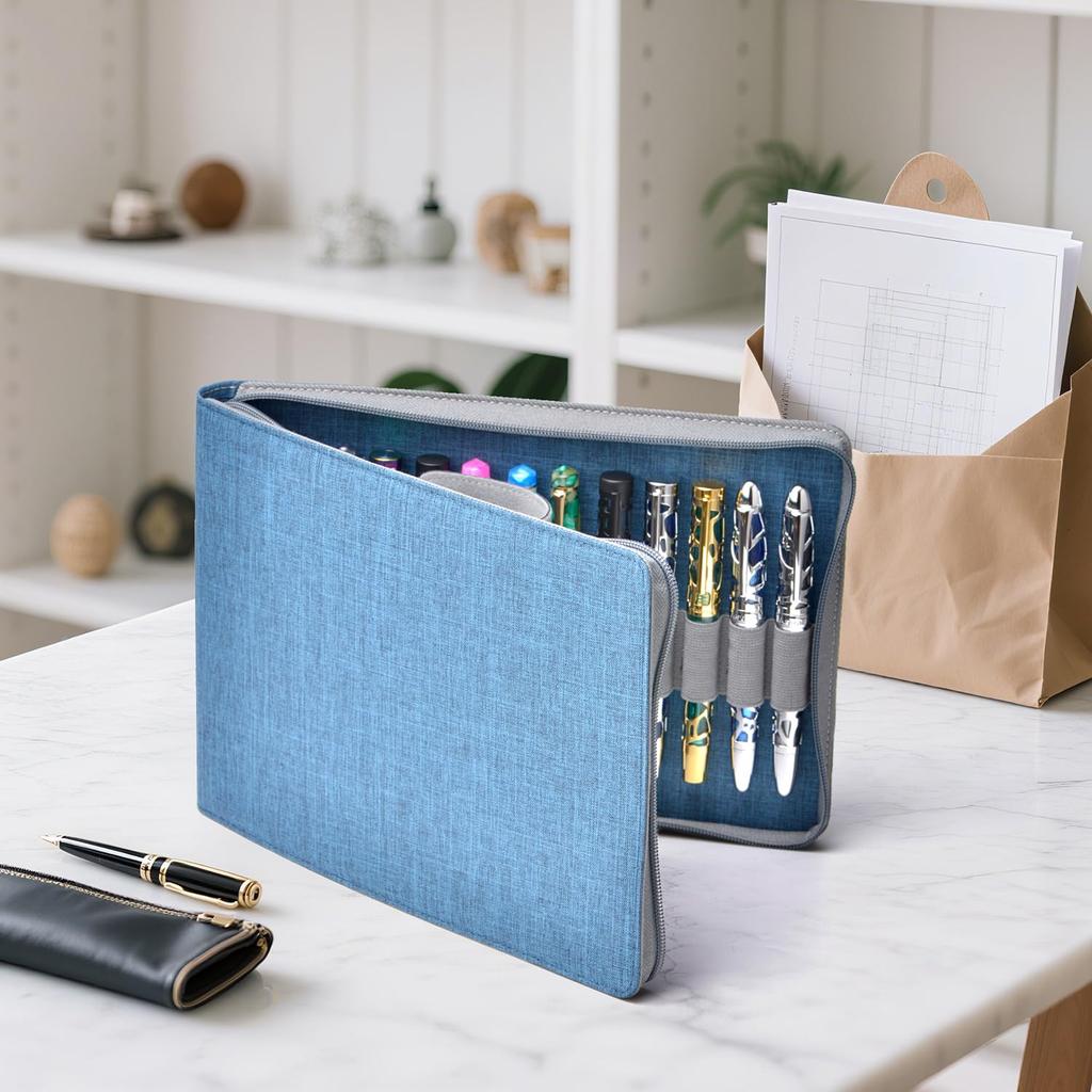 Large Capacity Fountain Pen 24 Waterproof Canvas Pen Individual Slot Zipper Case, Pens, Blue, Holder,