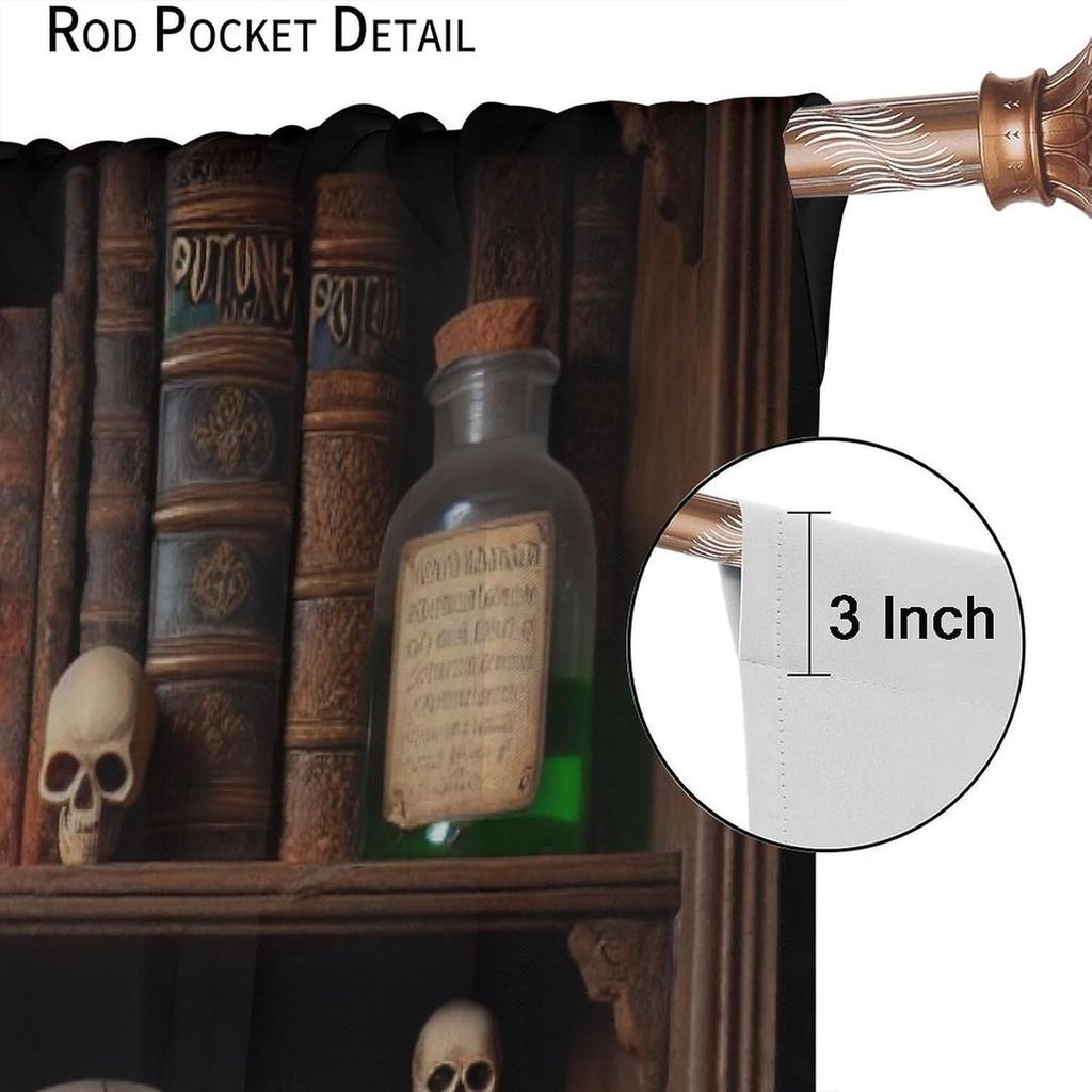 Gothic Bookshelf Curtain Antique Bookcase Spooky Skull Magic Book Halloween Themed Decor Window Kids Teens Adults Curtains Made Of Polyester
