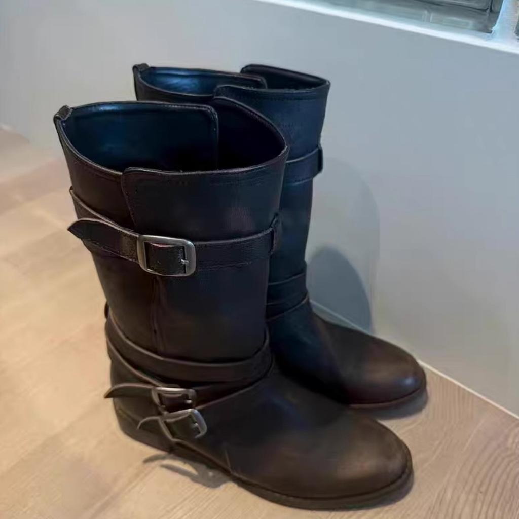 2025 new Korean version two-wear flanged leather western cowboy boots women's thick heel colored belt buckle medium tube knight boots