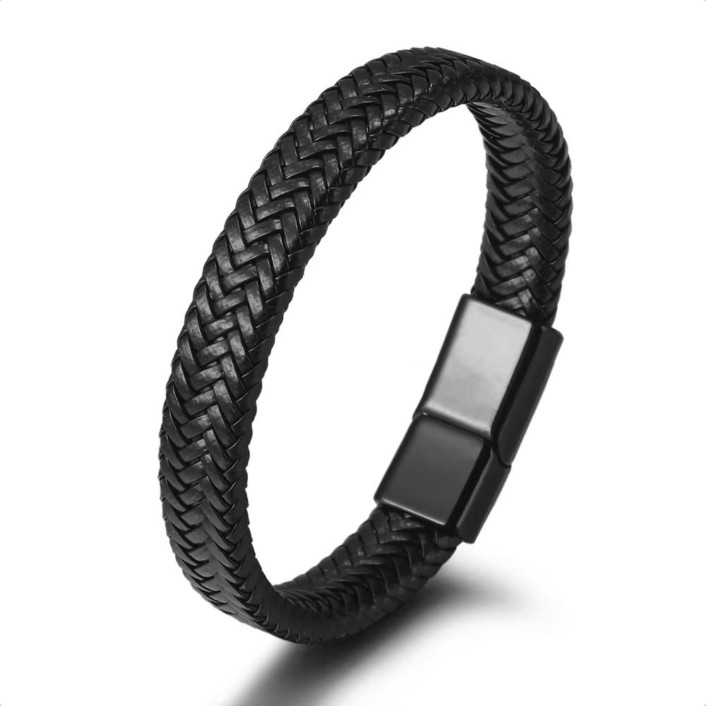engrave logo Fashion Punk Men Jewelry Braided Leather Bracelet Men Handmade Bracelet Trendy Stainless Steel Clasp Male Bracelets