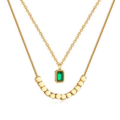 Jewelry New Product Fashion Advanced Sense New Chinese Emerald Zircon Stainless Steel Small Square Necklace for Women