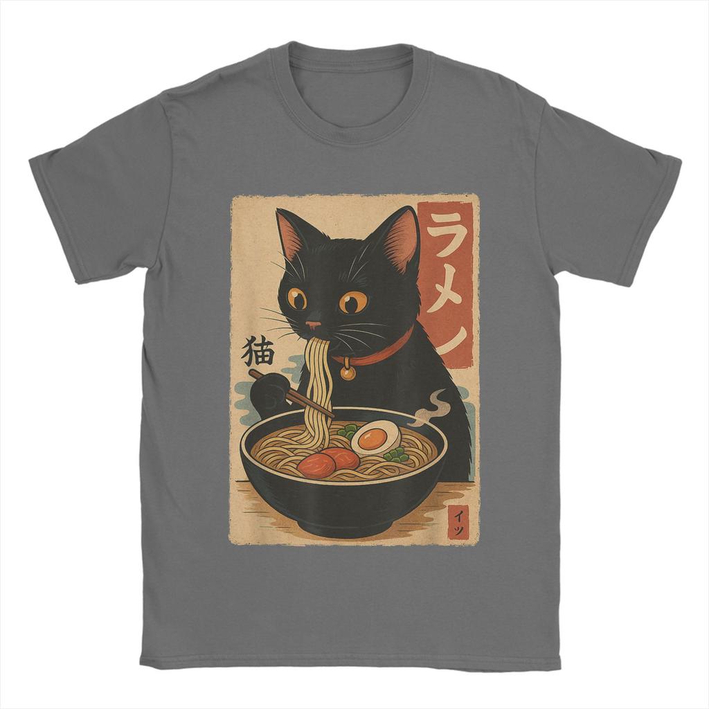 Japanese Black Cat Ramen Men's T Shirt Kawaii Noodle Cat Tee Shirt Short Sleeve Round Collar T-Shirt Pure Cotton Printed Clothes