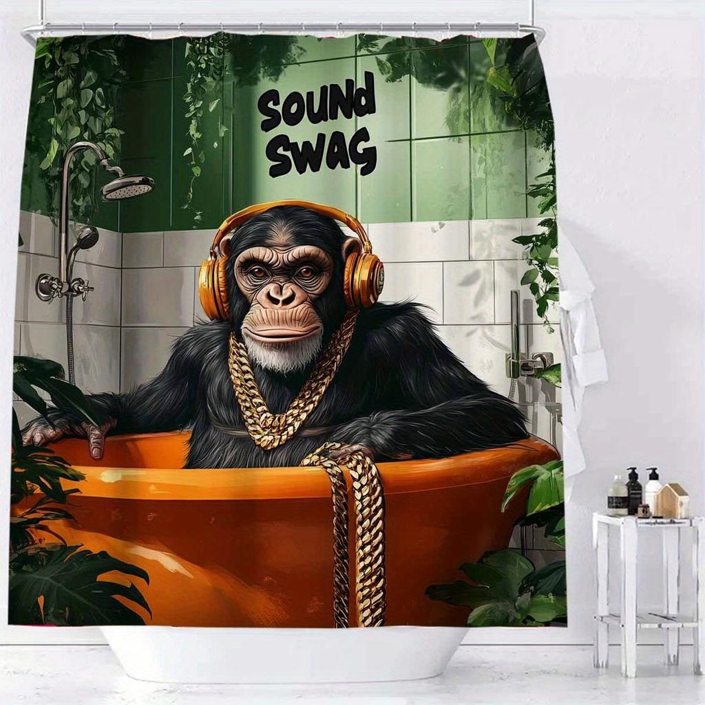 1Pc Sound Swag Gorilla In Bathtub Shower Curtain - Polyester Bathroom Decor With 12 Hooks, Machine Washable, Vibrant Jungle Desi