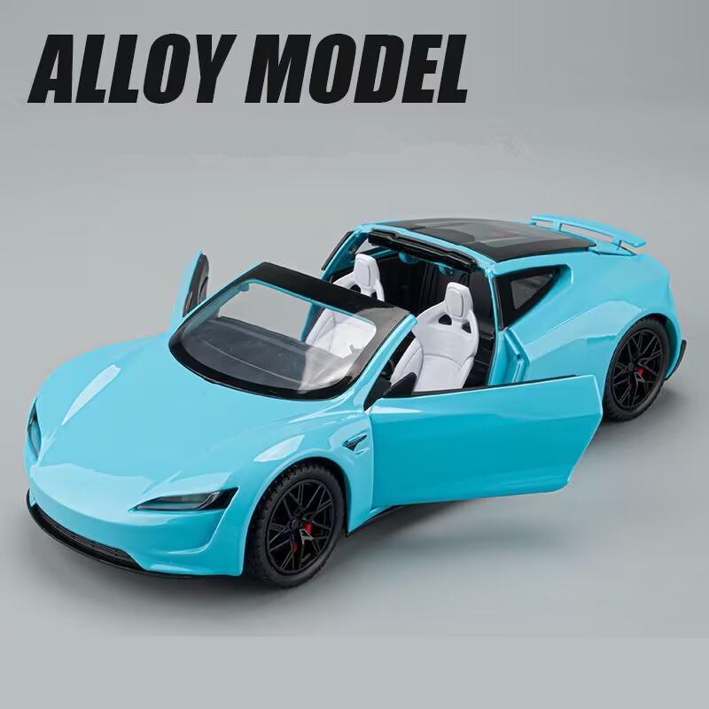 1/24 Tesla Roadster Convertible Alloy Sports Car Model Diecast Metal Toy Concept Car Model Simulation Sound and Light Kids Gift
