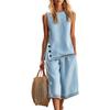 Women Sleeveless Button Decor Top with Side Slits and Mid-Length Loose Fit Pants Two-Piece Set Casual Summer Outfit Linen Blend