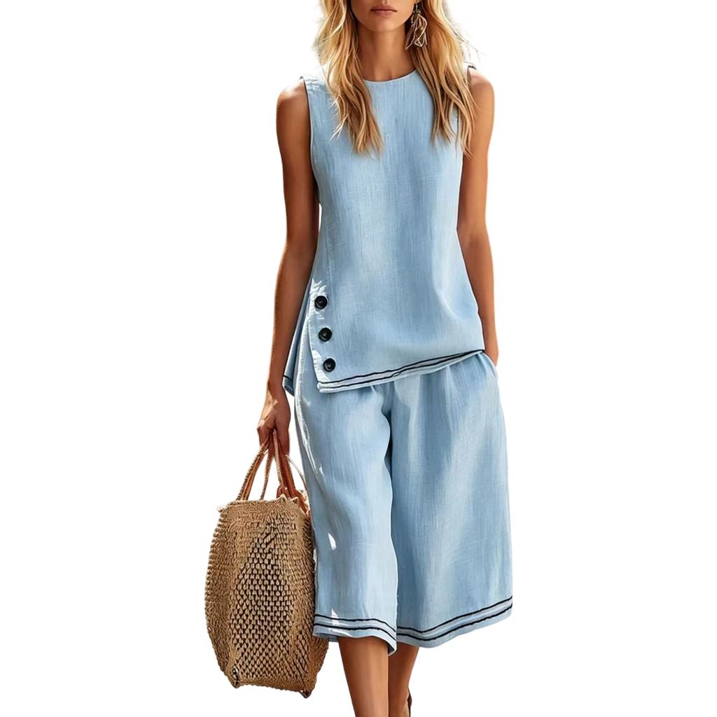 Women Sleeveless Button Decor Top with Side Slits and Mid-Length Loose Fit Pants Two-Piece Set Casual Summer Outfit Linen Blend