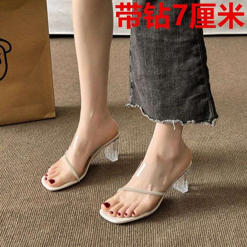 Pantofi cu toc înalt pentru femei îmbrăcăminte exterioară 2025 vară nouă modă vârf rotund toc gros papuci de cristal sandale de damă femei