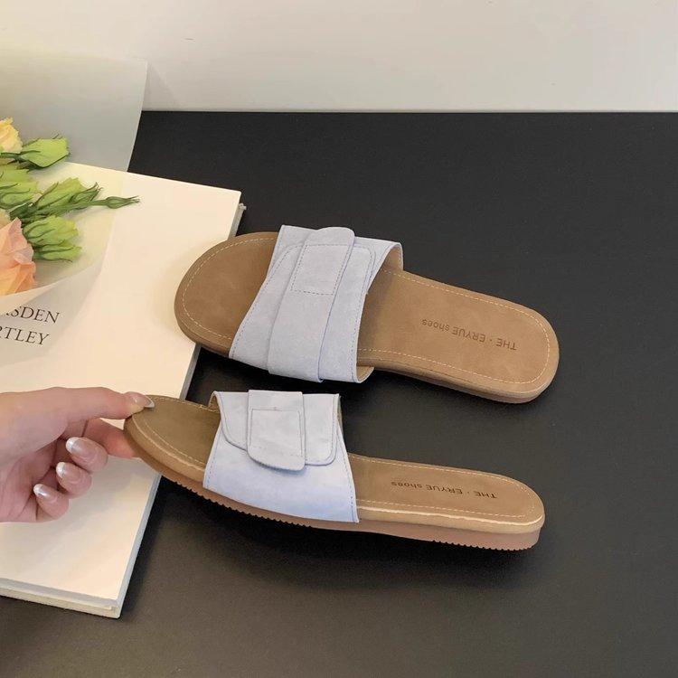 Self-kept version~ Soft leather flat-bottomed slippers for women to wear in summer, new casual one-word sandals, vacation seaside beach shoes