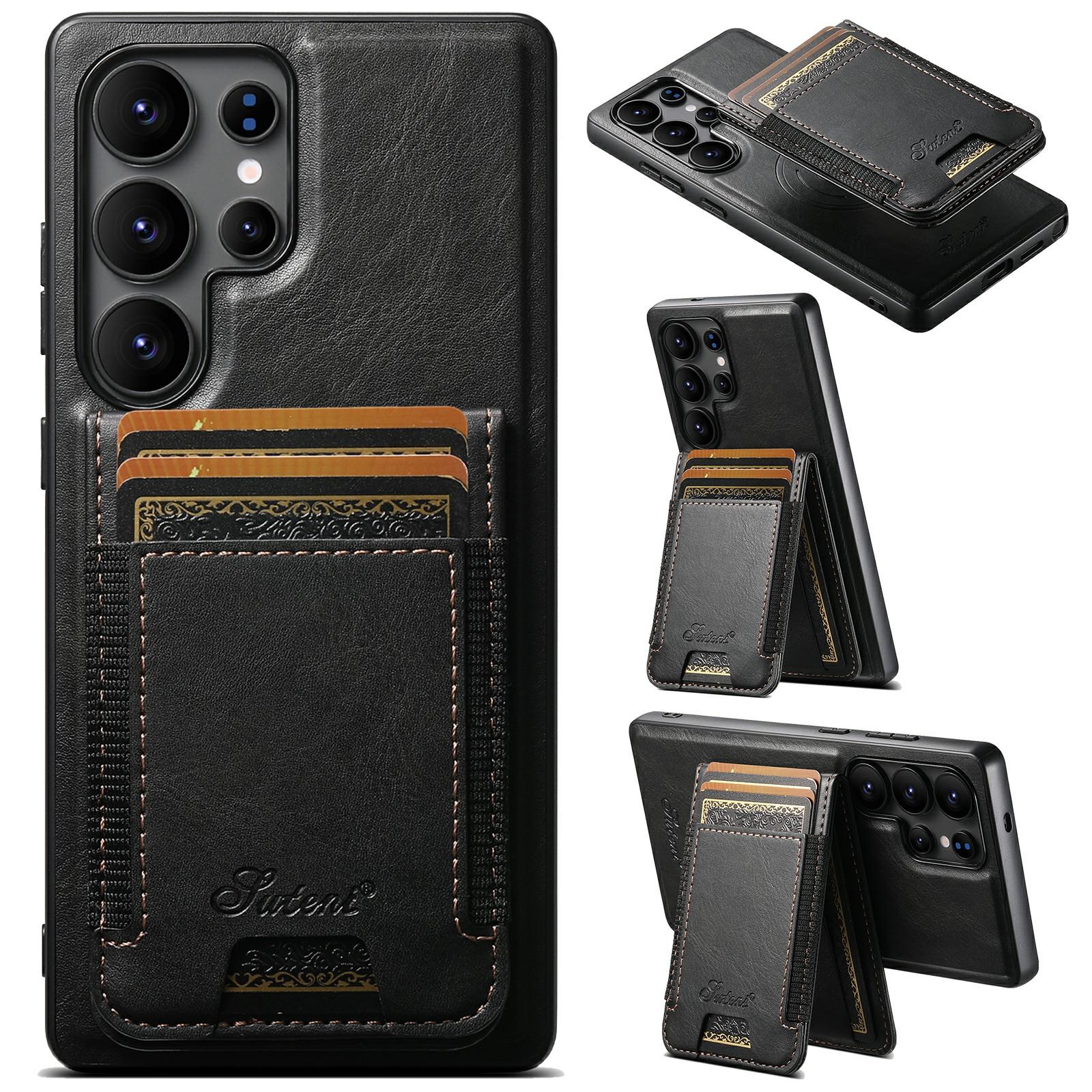 

SUTENI H17 For Samsung Galaxy S25 Ultra Magnetic Case Card Slots Leather+TPU Kickstand Phone Cover Black