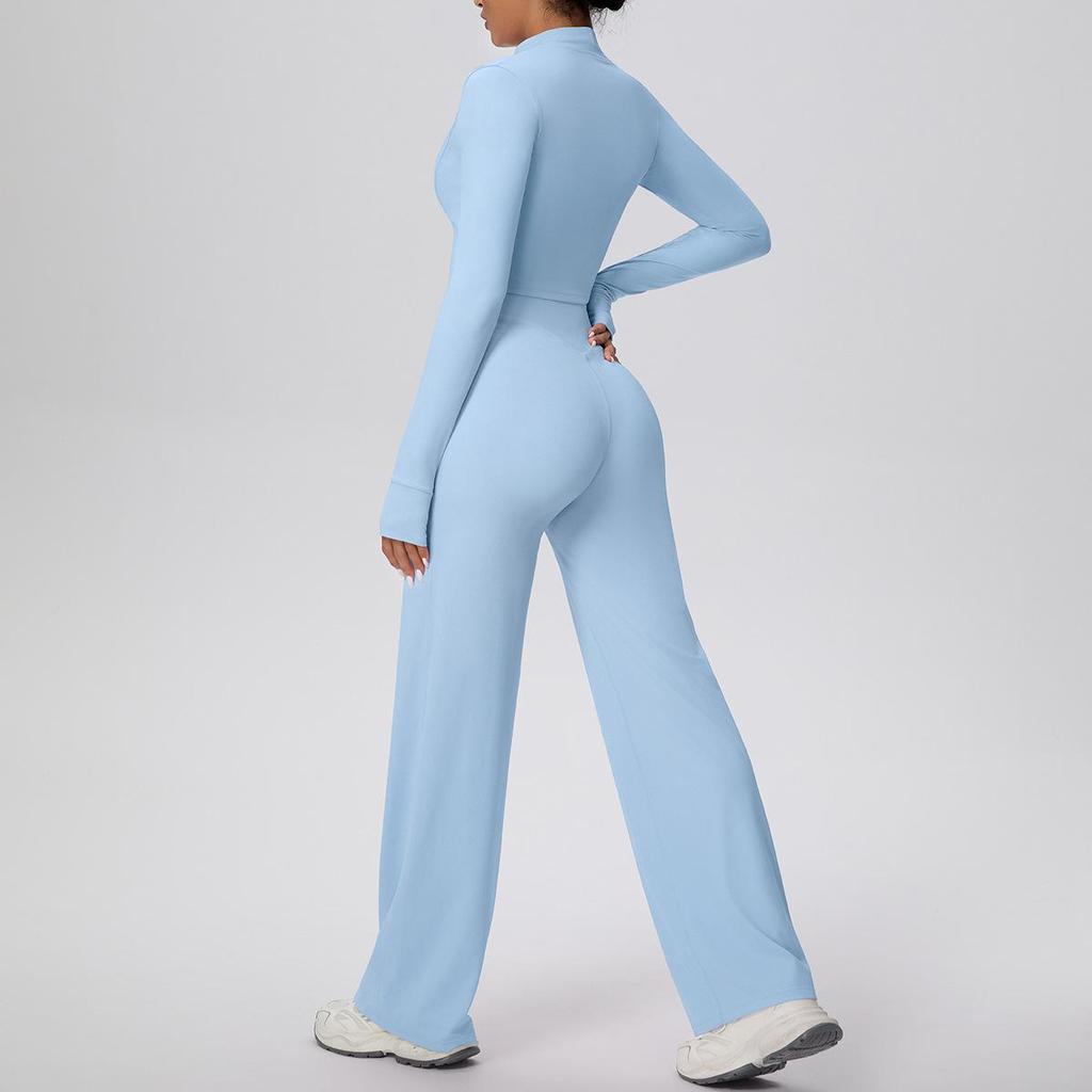New Cross-border Solid Color Zip Jacket & Wide Leg Yoga Suit - Two-piece Fitness Set