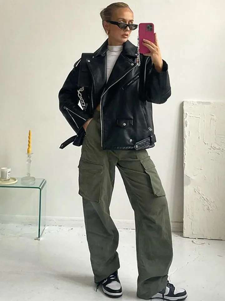 2023 New Women's Motorcycle Leather PU Imitation Leather Loose Jacket Black Jacket