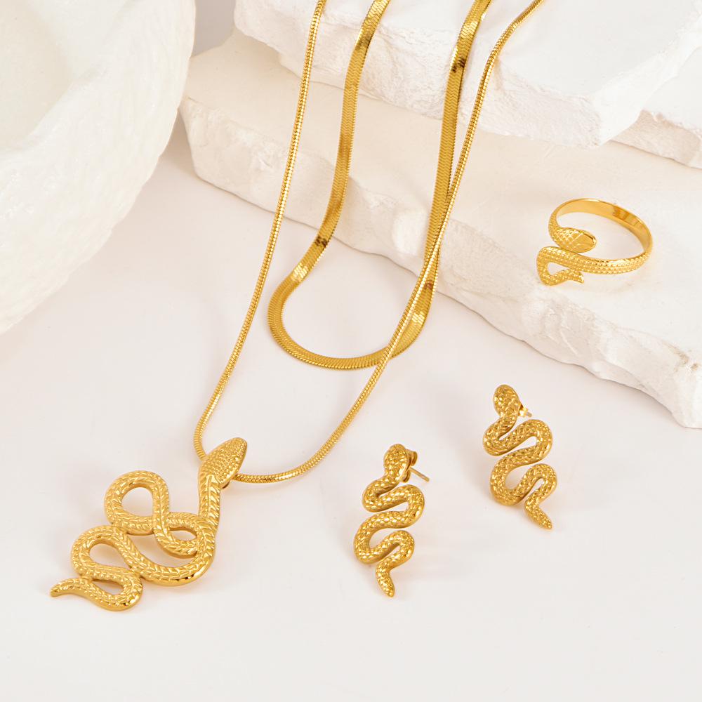 Stainless Steel Snake Jewelry Set: Retro-Style Necklace, Earrings, and Ring.