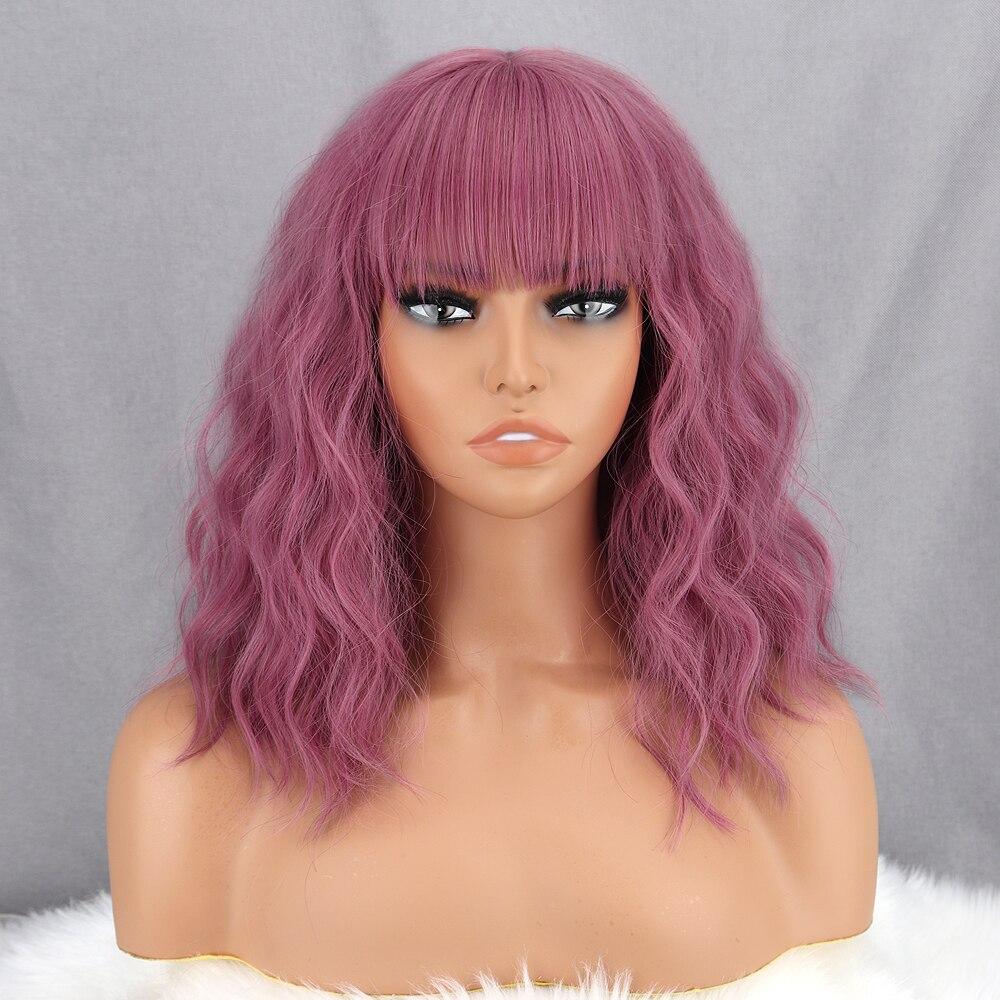MISS WIG Short and Wavy Synthetic Wigs with Fringe for Women Heat Resistant Fiber Purple Shoulder Length Wavy Hairpiece Cosplay Party