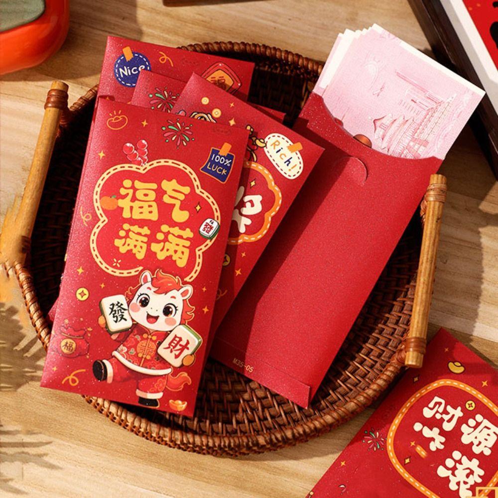 6PCS Paper Horse Year Red Envelope Cartoon New Year Spring Festival Red Envelopes Lucky Bless Words Hongbao Marriage Celebration