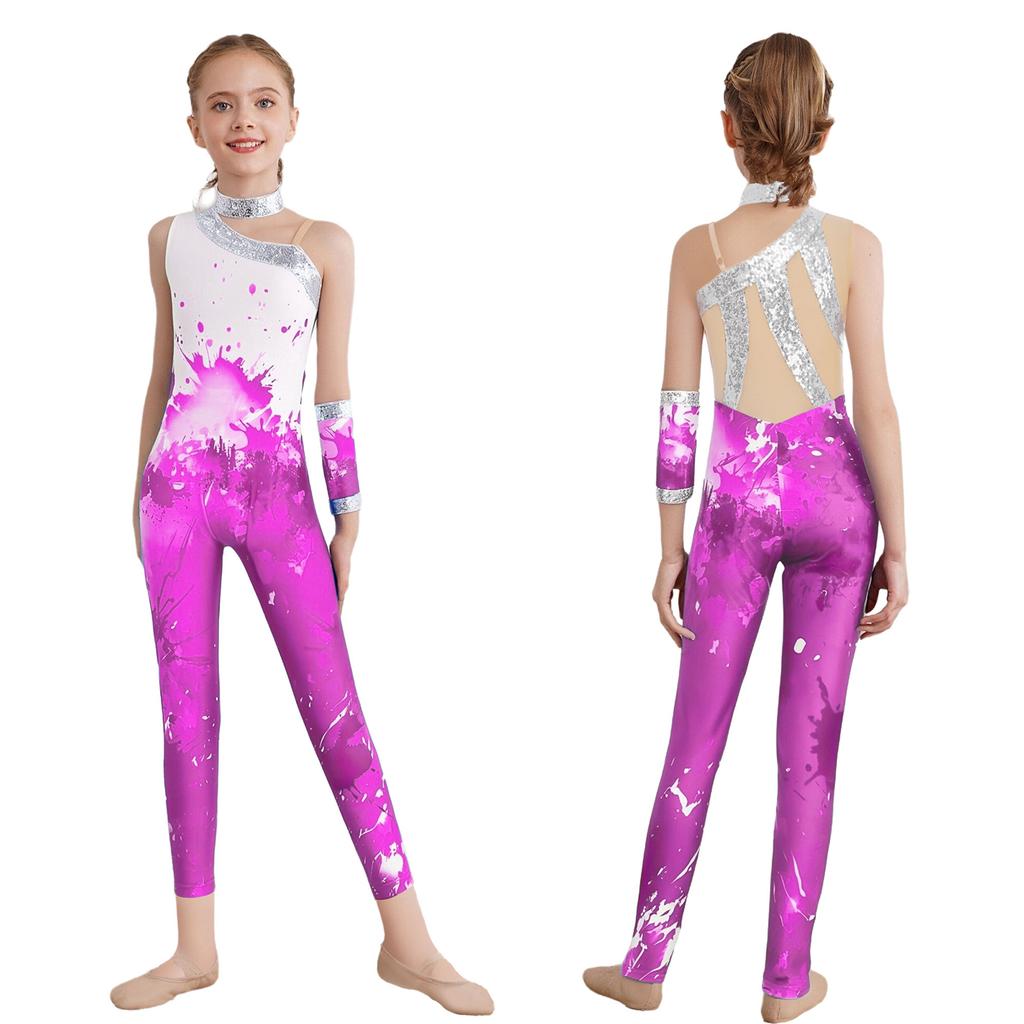 Girls Shiny Sequins Printed Gymnastics Jumpsuit: Sleeveless Asymmetrical Bodysuit Full Length Leotard 1Pc Glove for Figure Skating Dance Performance