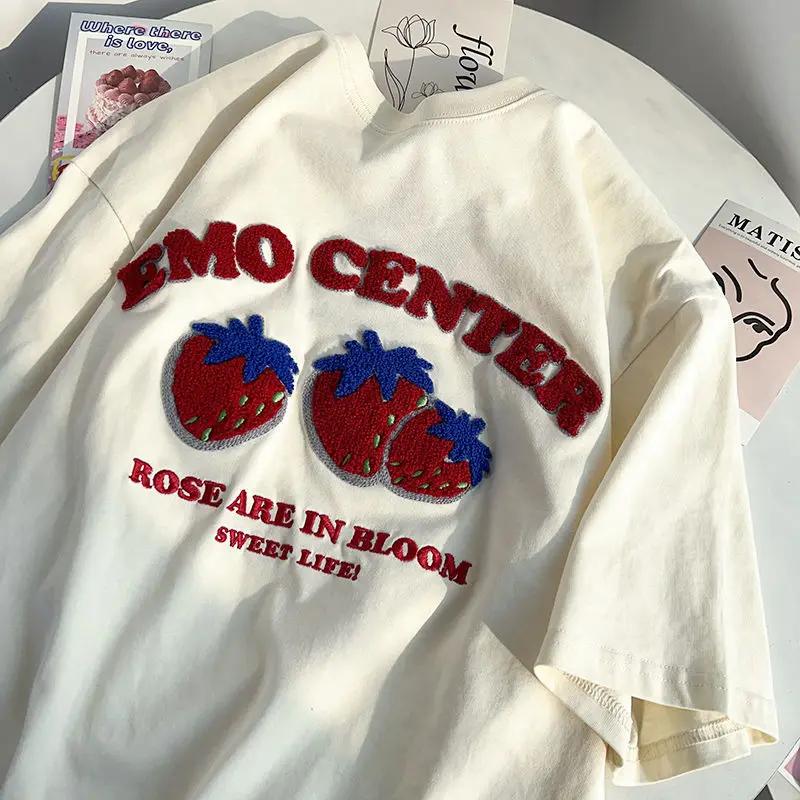 

French trendy strawberry graphic T-shirt with loose design for men and women Summer New Short Sleeve Couple Casual Top S