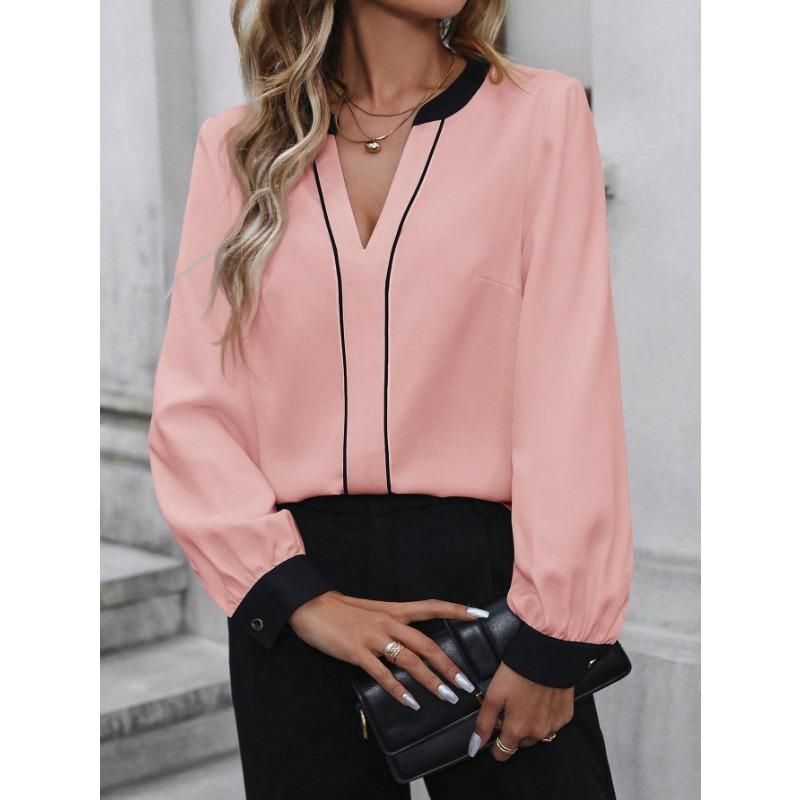 Womens V Neck Long Sleeve Contrast Color Blouse
