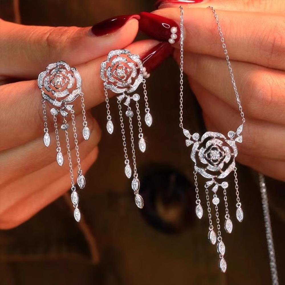 Elegant Women Jewelry Set Rose Flower Long Tassel Earrings and Camellia Pendant Necklace