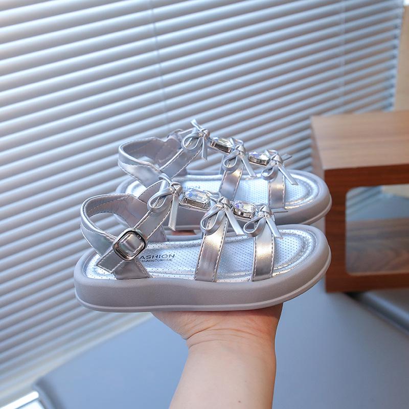 

2025 Kids Bowknot Roman Sandals - Korean Princess Style, Soft Sole Beach Shoes for Girls Size 26, 16 cm серебряный