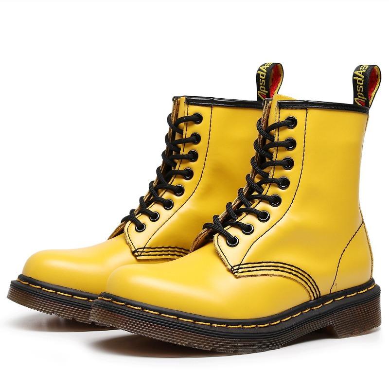 Botas de trabajo de caña alta clásicas de cuero duro con borde abierto y cuentas, botas cortas para hombre y mujer, botas de cuero brillante, zapatos de locomotora de punta redonda