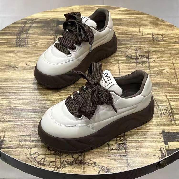 ins trendy full leather casual board shoes velvet autumn and winter heightening thick-soled small muffin shoes