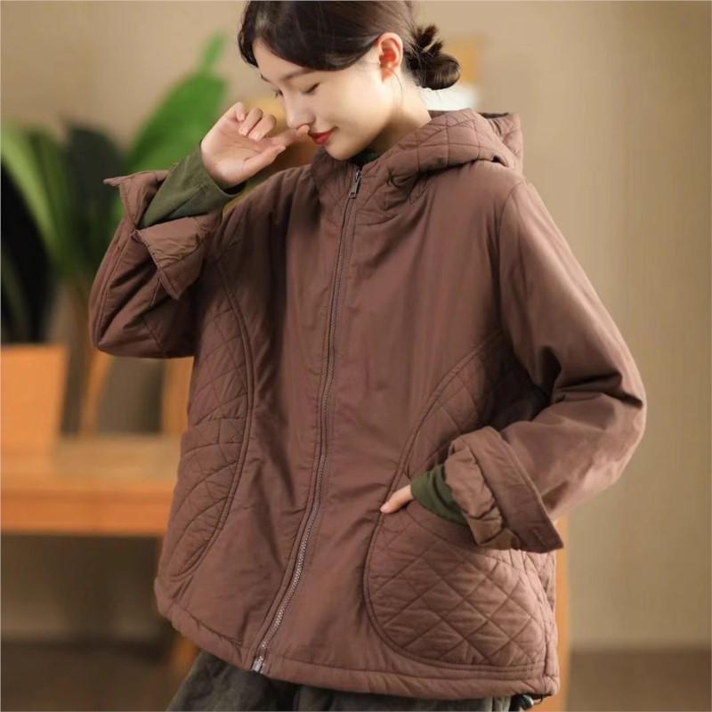 Johnature Abrigo informal con capucha y cremallera para mujer, de color liso, holgado, de manga larga, estilo chino, para invierno