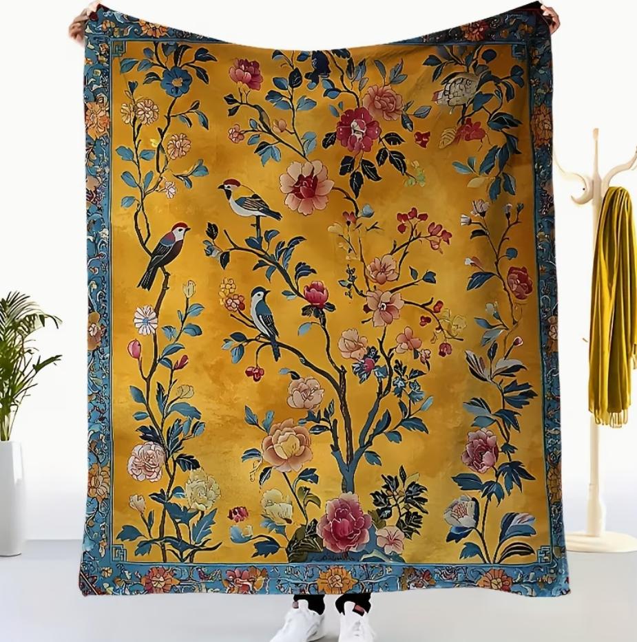 

1 Charming Green Floral & Bird Print Fleece Blanket Soft Portable All-Season Comfort Perfect for Home Decor & Travel, Blanket 75cmx90cm