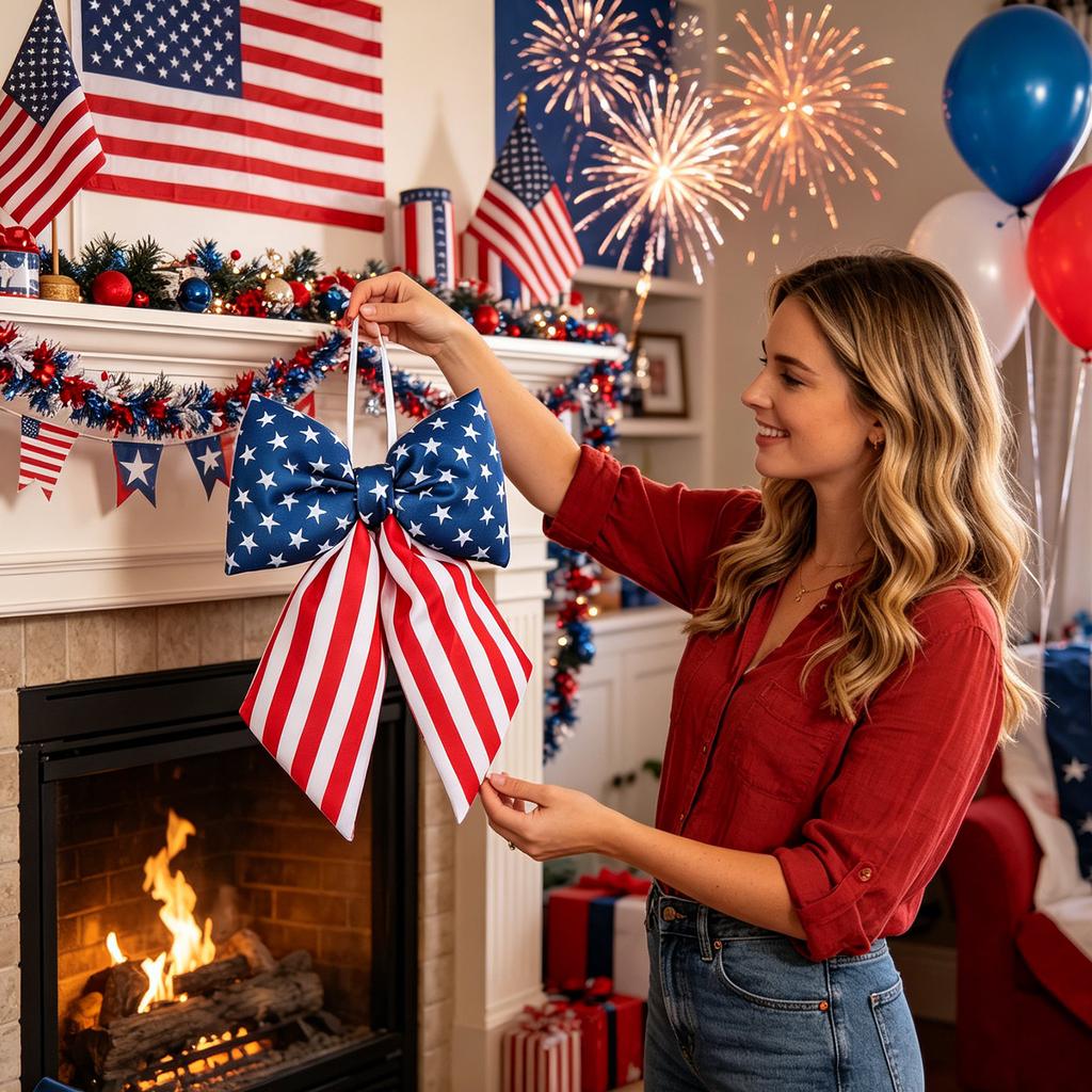 Fiocco Patriottico Decorativo con Motivo a Stelle e Strisce Realizzato in Morbido Materiale di Cotone Adatto per la Decorazione di Feste ed Eventi Uso Interno ed Esterno