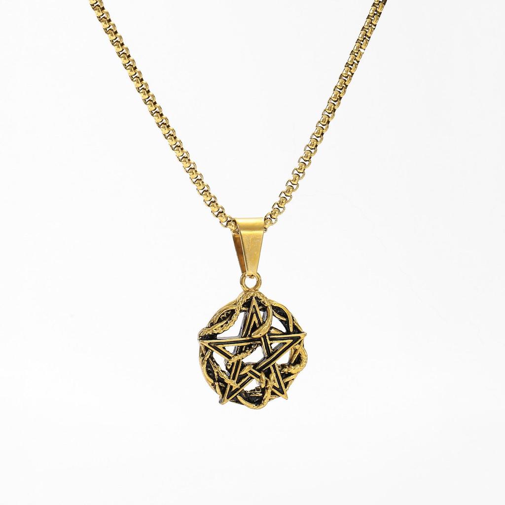 Gold & Silver Vine-Wrapped Inverted Pentagram Square Bead Choker Necklace - 304 Stainless Steel
