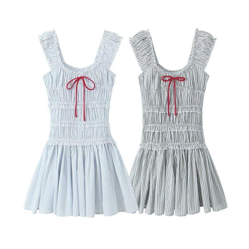 Kaslead New Arrival Women's Clothing Fashion Style Minimalist French Crimp Stripes off Shoulder Sexy Short Dress