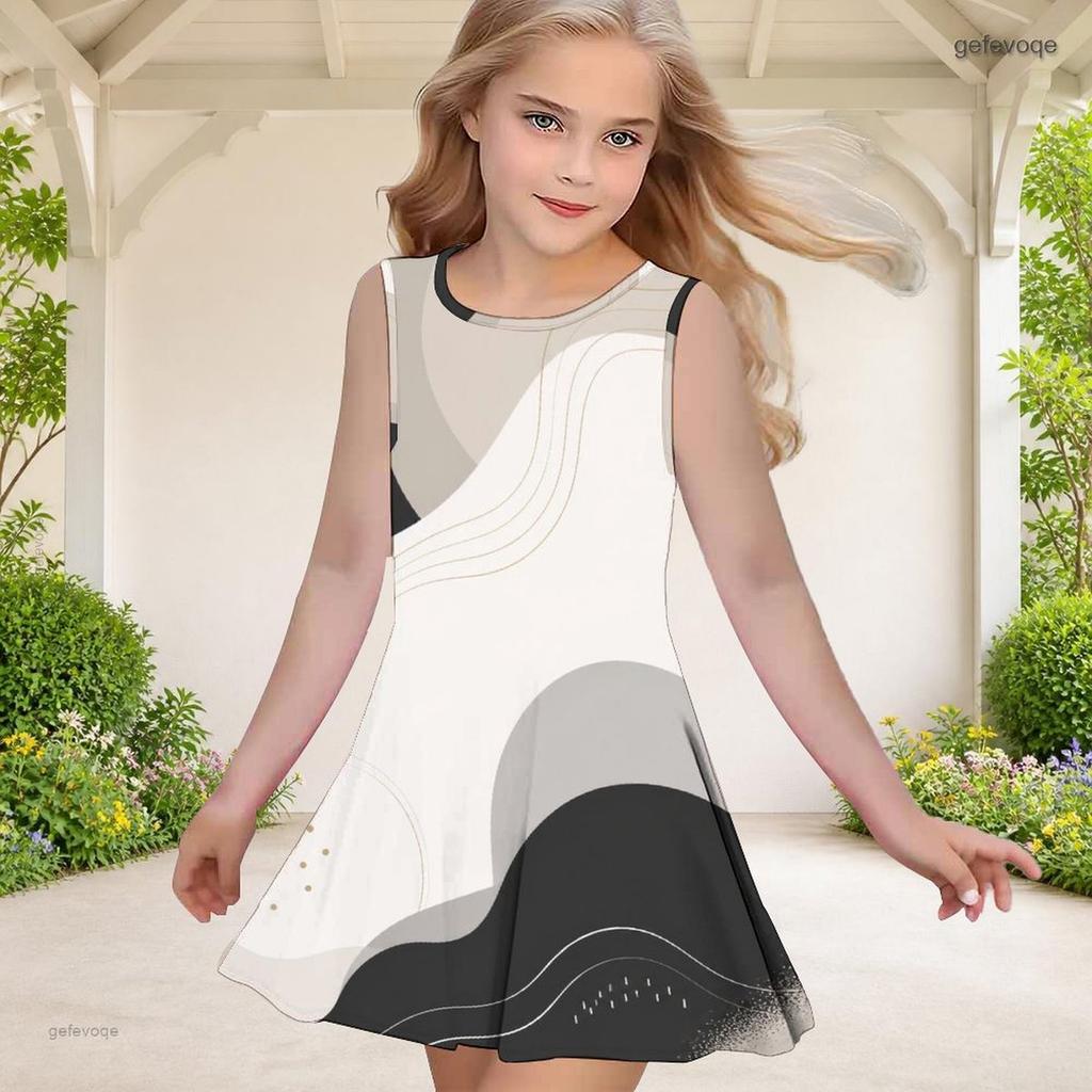Girls Sleeveless Round Neck Black White Gray Geometric Printed A Line Flared Dress