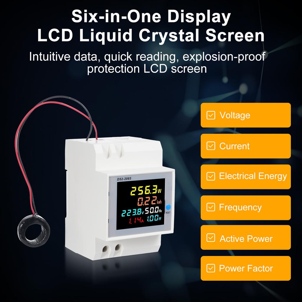 D522065 6in1 Digital Single Phase Energy Meter Tester Din Rail AC Monitor Voltage Current Power