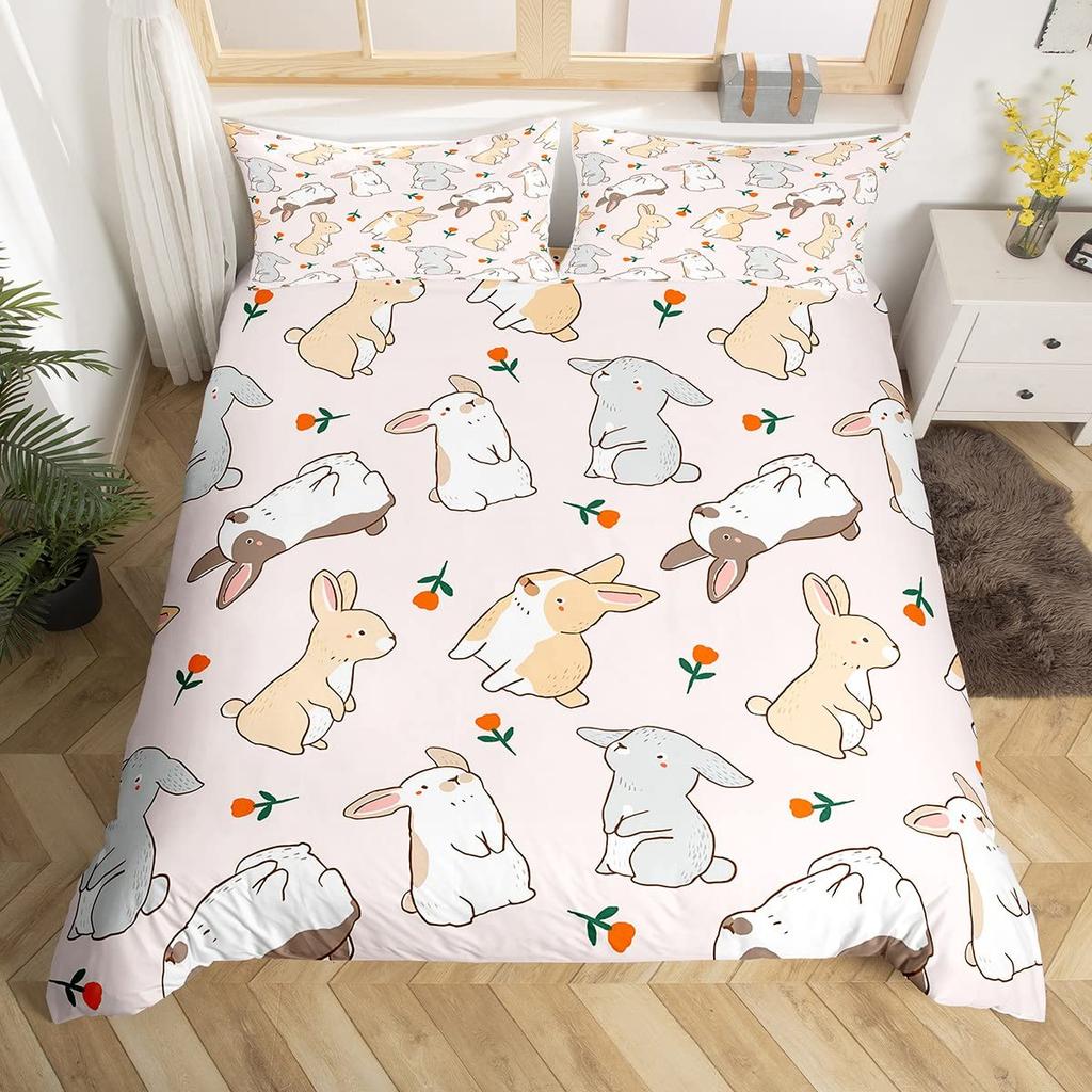 Cute Rabbit Duvet Cover Collection Twin Queen Colorful Flower Bedding Collection Microfiber Botanical Floral Cartoon Animal Comforter Cover