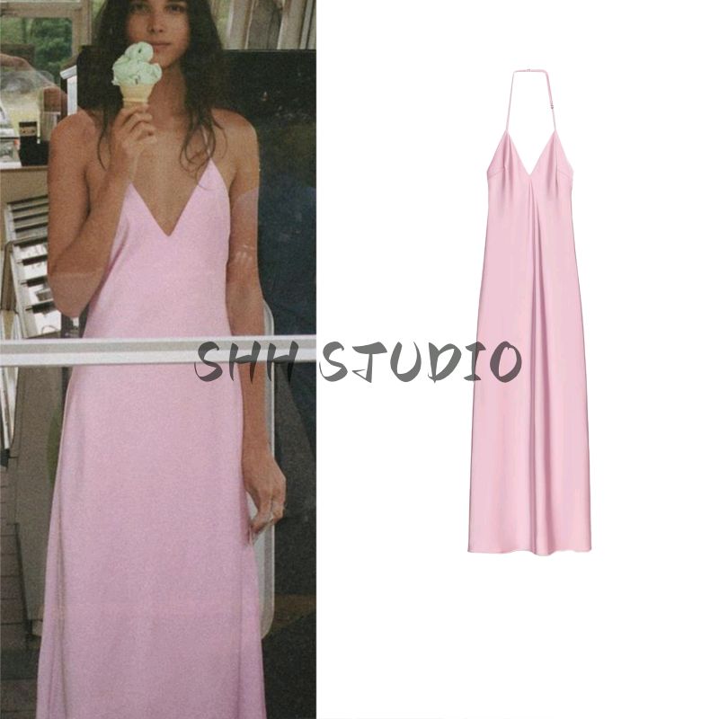 Summer New Product Women Clothes Holiday Style V-neck Sleeveless Silk Satin Texture Midi Sling Dress 4772218