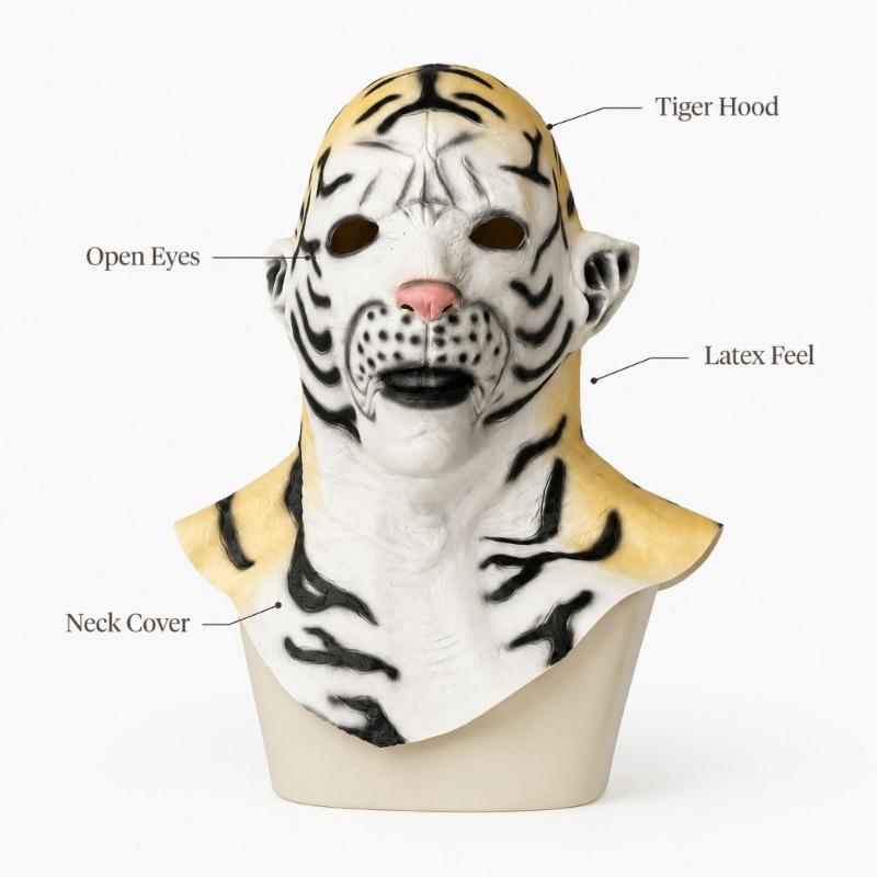 Vollkopf-Latex-Kostümmaske mit gestreiftem Tiergesicht, Nackenabdeckung, Augenöffnungen und offenem Mund für Mottoparty-Outfits und Fotoautomaten