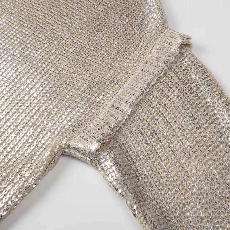 2024 Women's European & American Style Mid-Length Metal Round Neck Pullover Sweater