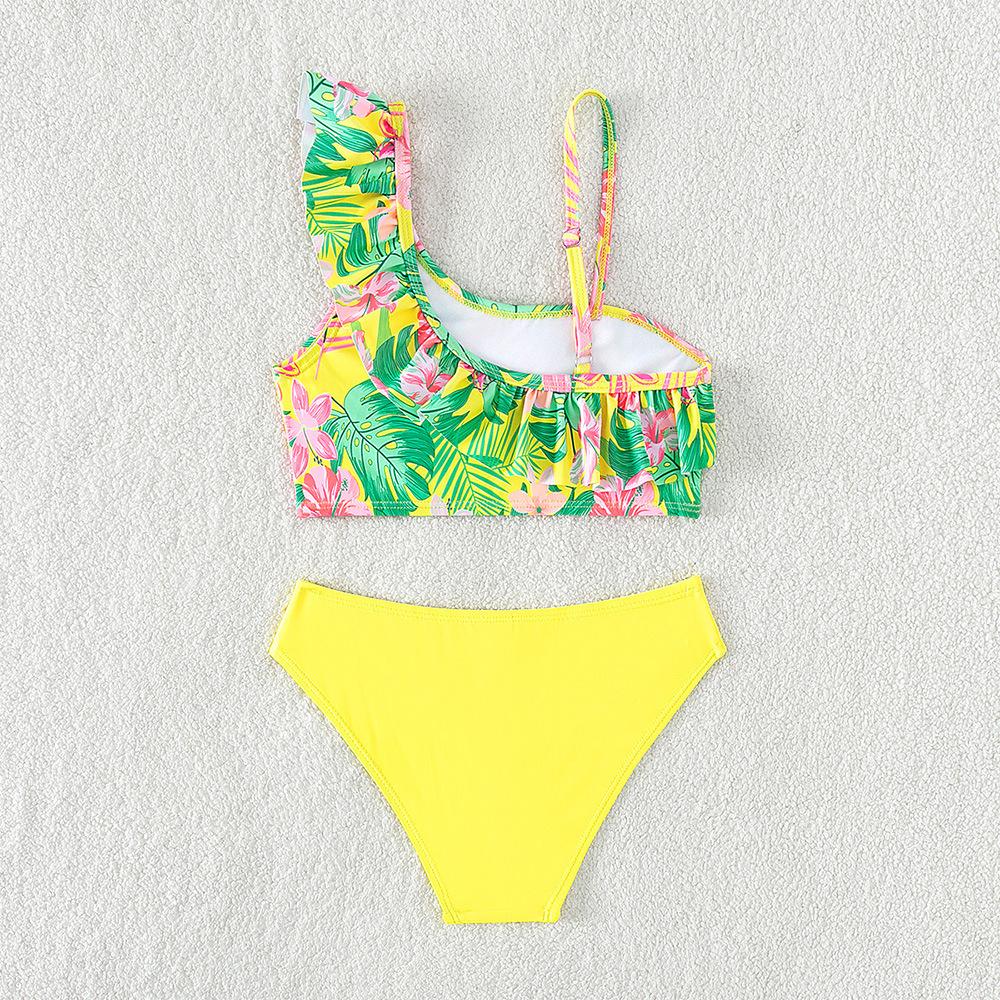 Nieuw Kinder Schuin Schouderband Split Zwempak Meisjes Geprint Sneldrogend Ademend Bikini Zwemkleding