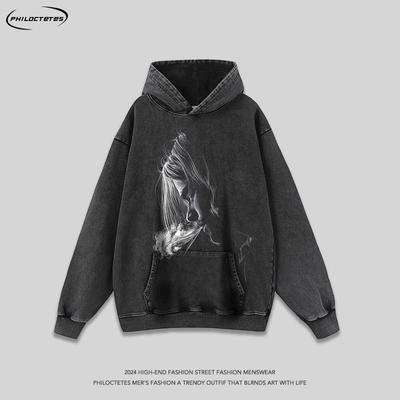 Mens Oversized Hip Hop Hoodie Vintage Washed Cotton Long Sleeve Streetwear Sweatshirt