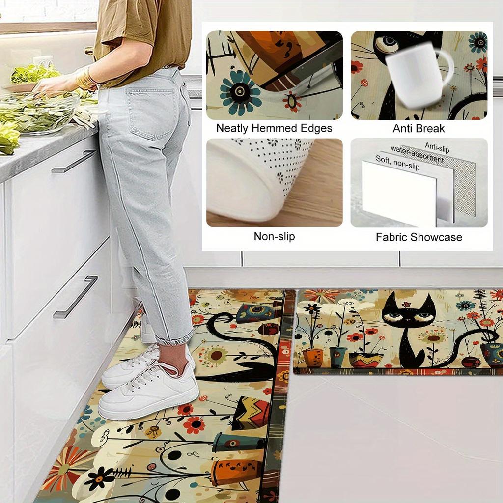 1Pcs Anti Fatigue Kitchen Rugs,Floral Black Cat Print Waterproof Non-Slip Thick Cushioned Kitchen Mat Heavy Duty Comfort Standing Mat for Kitchen