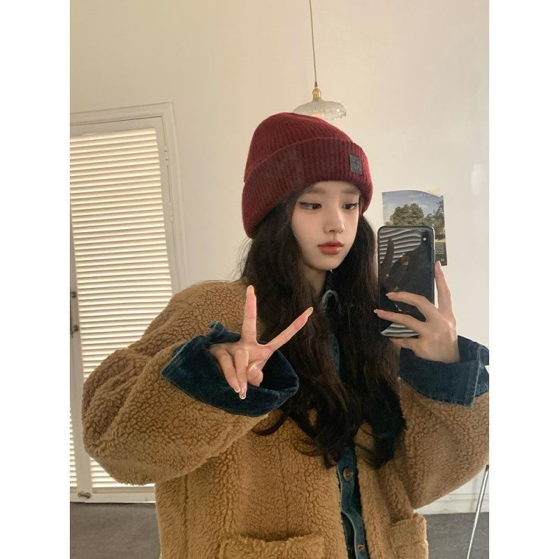 New wool hat women's winter face small ear protectors thickened warm knitted hat big head circumference ankela red cold hat