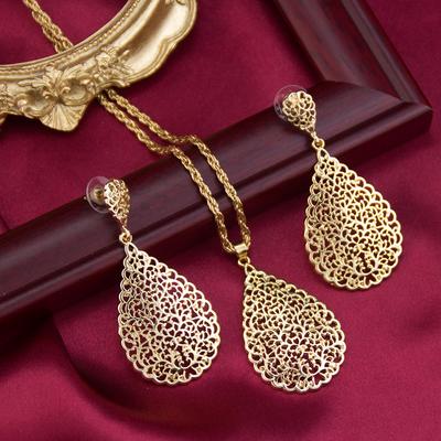 Sunspicems Juego de Joyería para Mujer Árabe Color Dorado Pendientes Huecos de Lágrima Collar Colgante Bisutería de Novia Marroquí Joya de Playa