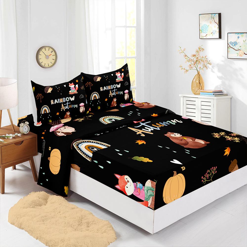 Four-Piece Mattress Set, Little Fox Pumpkin Thanksgiving 3D Digital Printing Mattress Protective Cover