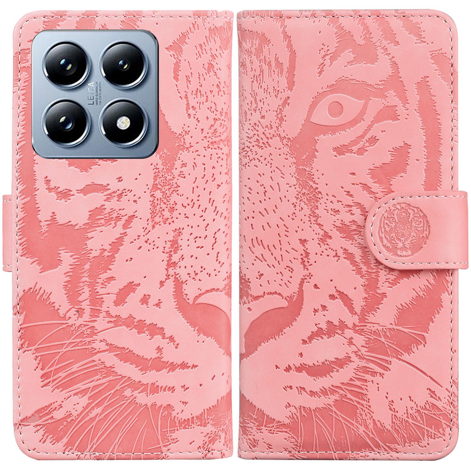 

For Xiaomi 14T Pro Case Tiger Imprint Leather Wallet Phone Cover Pink