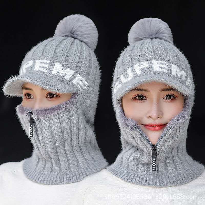 Hat Women's Autumn and Winter Knitted Windproof Ear Protection Wool Hat Student Warm Plush Thickened Fashion Cycling Pullover Hat