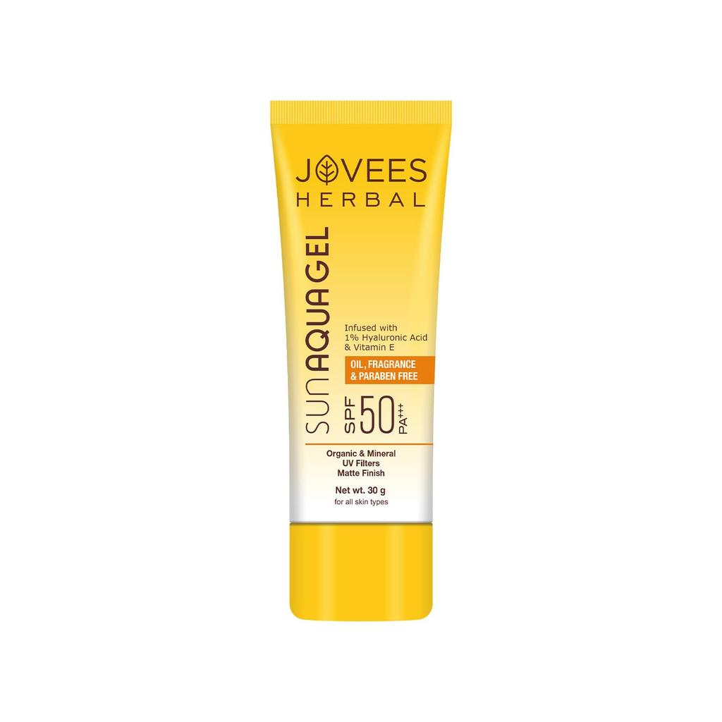Jovees Herbal Sun Aqua Gel Sunscreen SPF 50 PA+++ | Lightweight, Water-Like Texture | 1% Hyaluronic Acid | Non-Greasy, No White Cast | Perfect fo