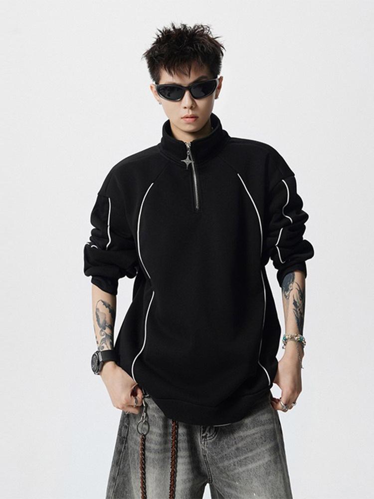 Men's 2025 Spring/Autumn Striped Color Block Half-Zip High-Neck Hoodie - Trendy Loose Heavyweight Top