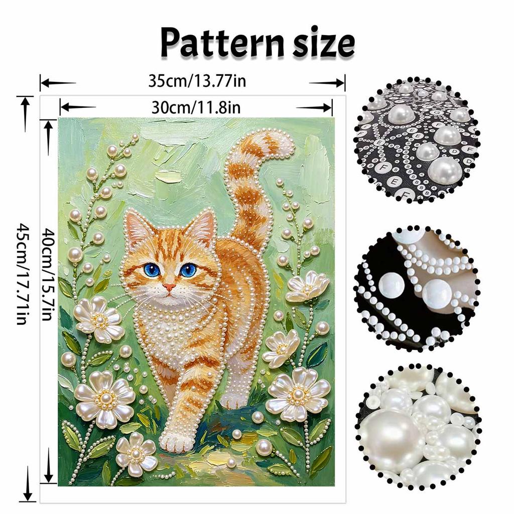 Frameless DIY Pearl Bead Painting Kit Orange Cat Pattern Creative Relaxing Craft Canvas Home Decor Adult Gift