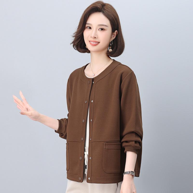 Women's Spring-Autumn 2025 Fashionable Age-Defying Round Neck Cardigan - Thin, Stylish Sweatshirt for Middle-Aged Moms