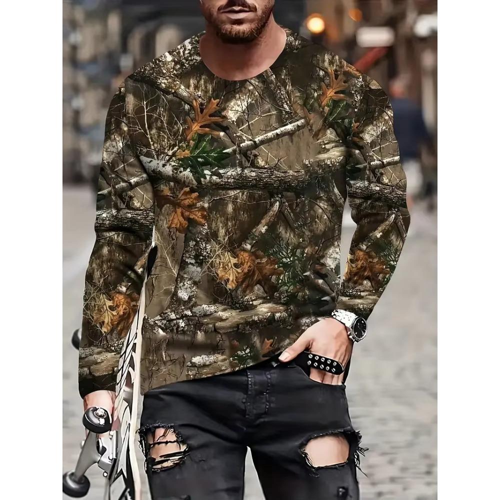 Camiseta Masculina de Manga Longa Camuflagem Caça Estampa Gráfica 3D Camiseta Masculina Moda Tops Camisetas Top para Exterior Camo Roupas Femininas